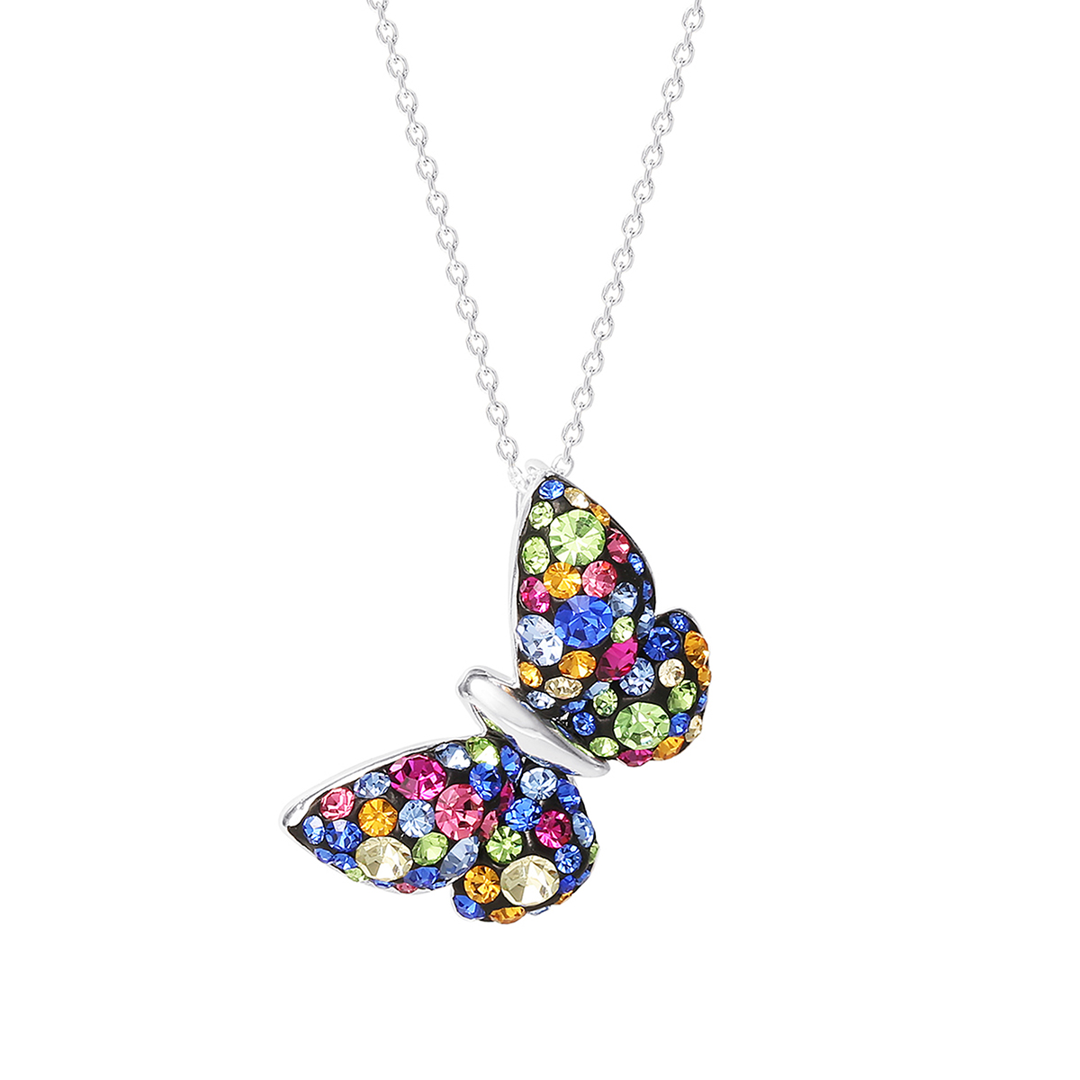 Brass Silver-Plated Multi-Color Butterfly Pendant Necklace