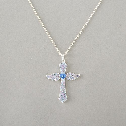Silver Plated Iridescent Cross w/ Wings & Heart Pendant Necklace