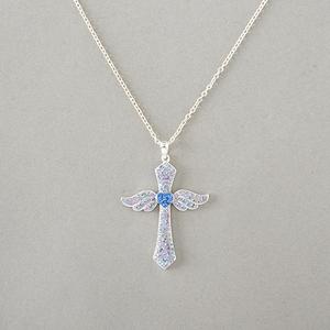 Silver Plated Iridescent Cross w/ Wings & Heart Pendant Necklace