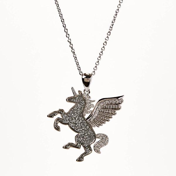 18in. Chain Silver Plated Glitter Paper Unicorn Pendant