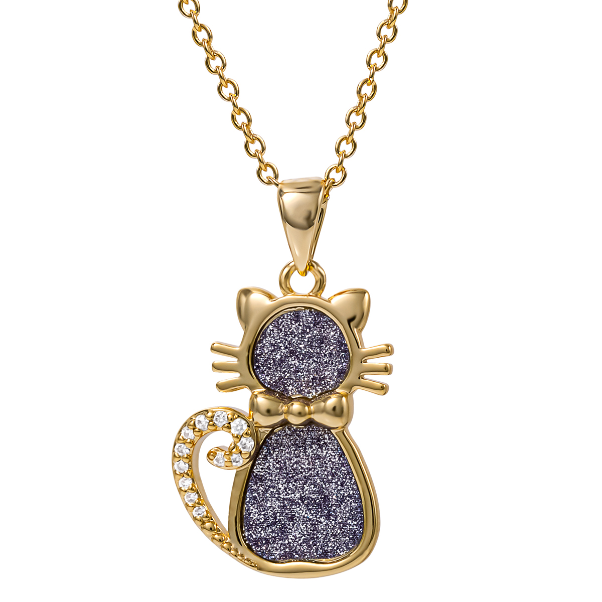 Brass Yellow Gold Plated Glitter Cat Pendant Necklace