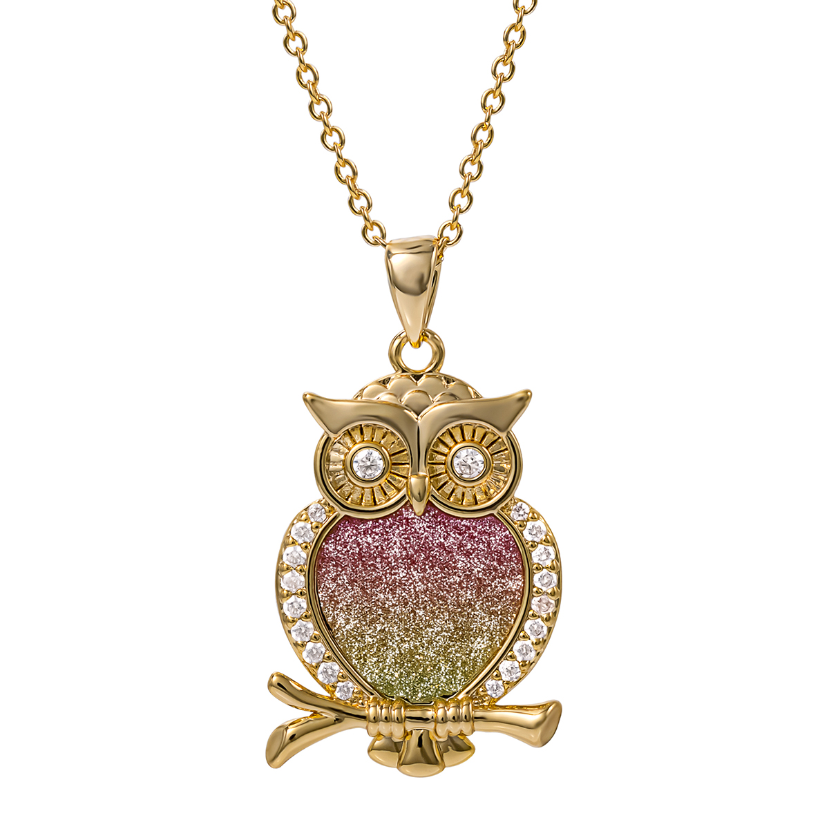 Yellow Gold Plated CZ And Rainbow Glitter Owl Pendant Necklace