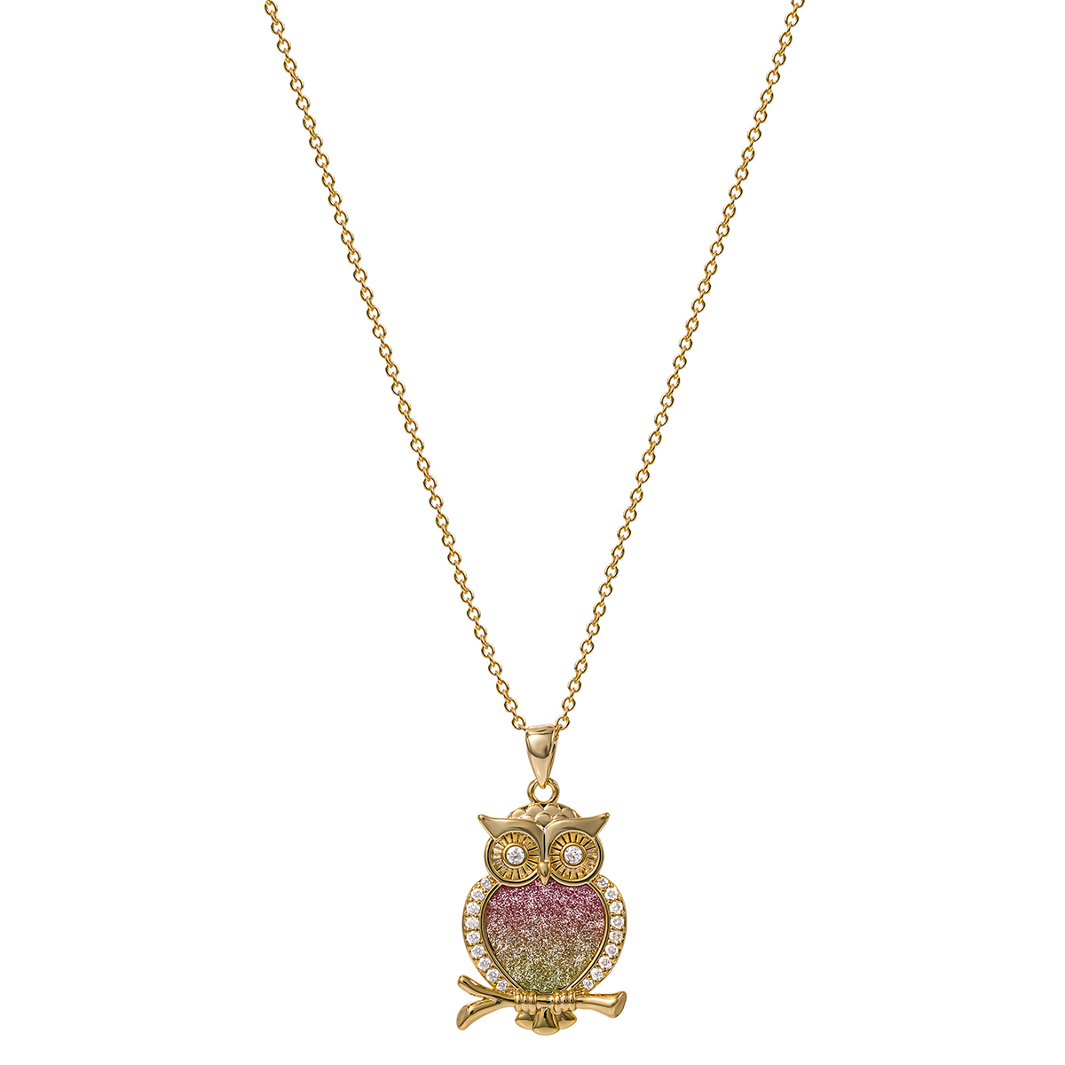 Yellow Gold Plated CZ And Rainbow Glitter Owl Pendant Necklace