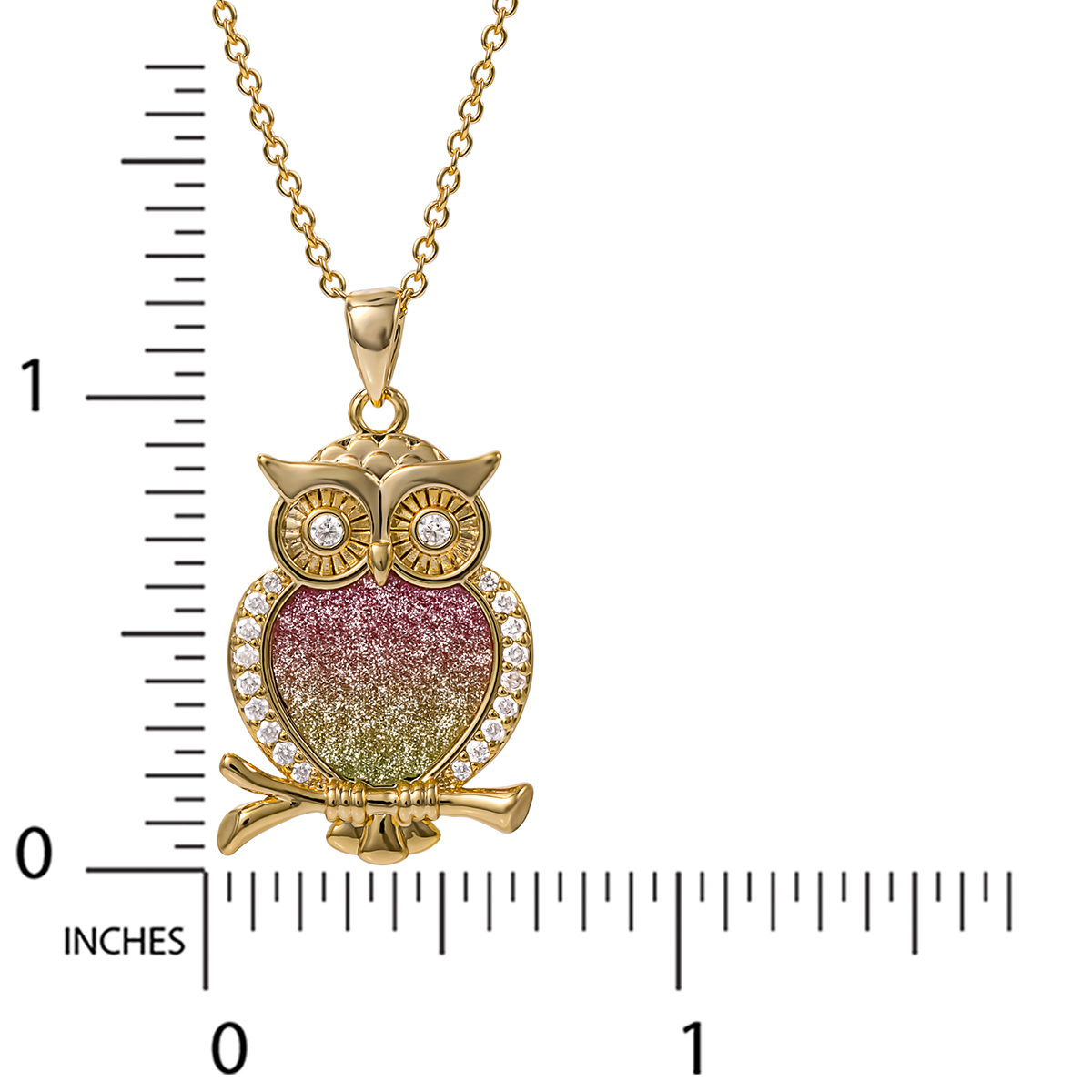 Yellow Gold Plated CZ And Rainbow Glitter Owl Pendant Necklace