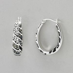 Silver Plated Inside Out Black Crystals Oval Hoop Earrings