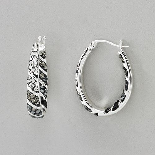 Silver Plated Inside Out Black Crystals Oval Hoop Earrings