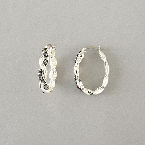 Silver Plated Brass Black Crystal Twisted Hoop Earrings