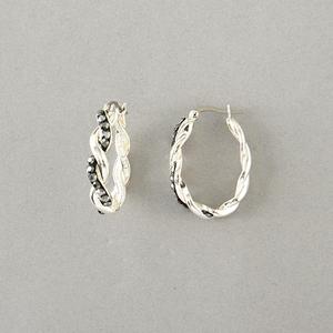 Silver Plated Brass Black Crystal Twisted Hoop Earrings