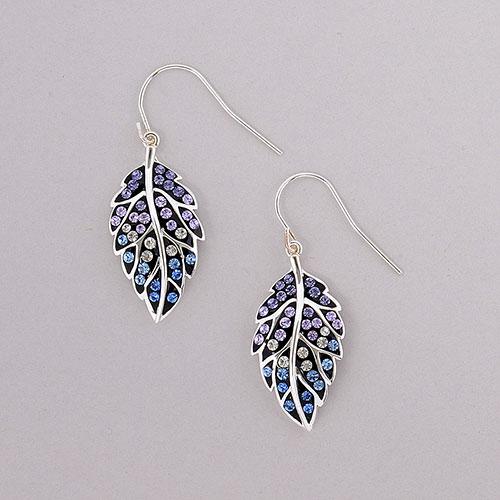 Silver Plated Brass Leaf & Multi Color Crystal Drop Earrings