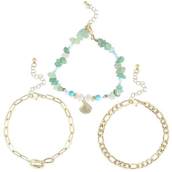 Jessica Simpson Figaro Chain Cowrie & Green Beaded Anklet Set
