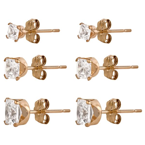 10kt. Yellow Gold Princess Cut CZ Stud 3pr. Earrings Set alternate view