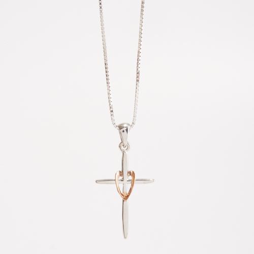 Sterling Silver & Rose Gold Cross Pendant Necklace