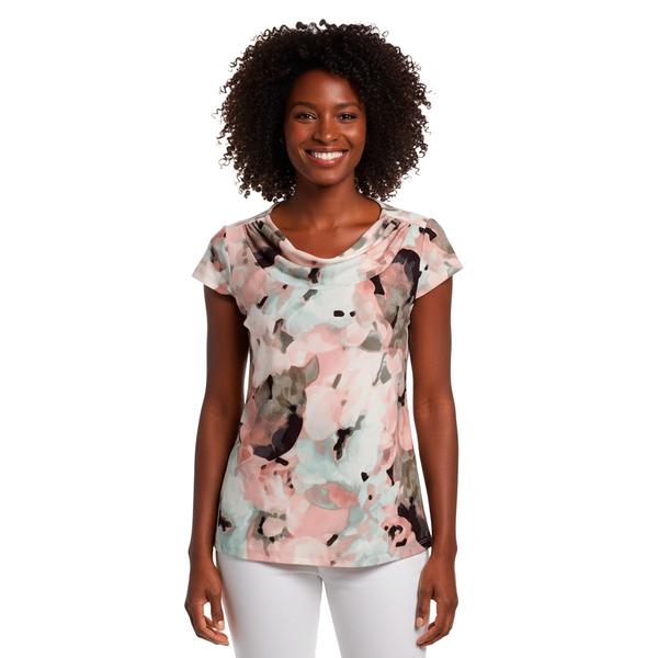 Womens Kasper Cap Sleeve Cowl Neck Abstract Floral Blouse