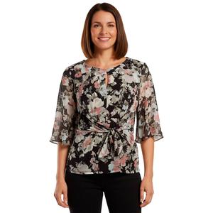 Womens Kasper 3/4 Sleeve Keyhole Neck Floral Tie Waist Blouse
