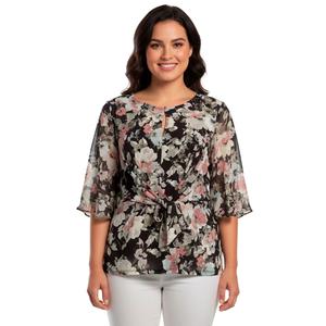 Plus Size Kasper 3/4 Sleeve Keyhole Neck Floral Tie Waist Blouse