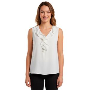Womens Kasper Sleeveless Ruffle V Neck Solid Blouse