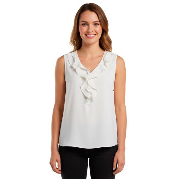 Womens Kasper Sleeveless Ruffle V Neck Solid Blouse