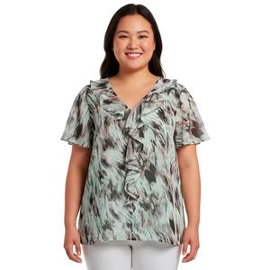 Plus Size Kasper Short Flutter Sleeve Blurred Brushstroke Blouse