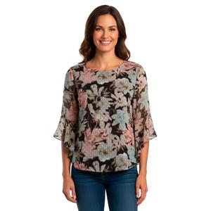 Plus Size Kasper 3/4 Flounce Sleeve Floral Clip Dot Blouse