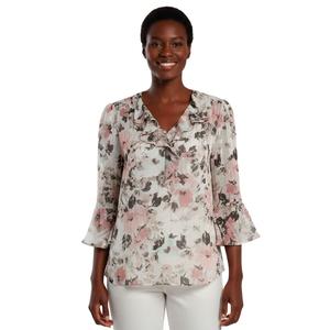 Womens Kasper 3/4 Bell Sleeve Spaced Floral Ruffle Neck Blouse