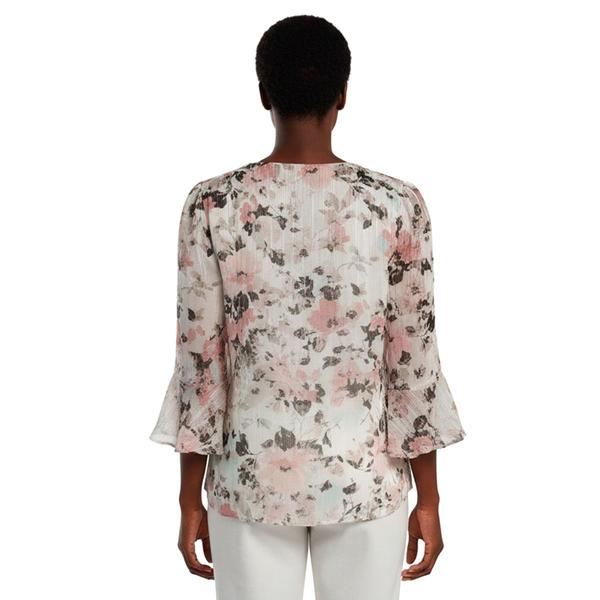 Petite Kasper 3/4 Bell Sleeve Spaced Floral Ruffle Neck Blouse alternate view