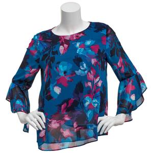 Plus Size Kasper 3/4 Ruffle Sleeve Leaf Chiffon Blouse