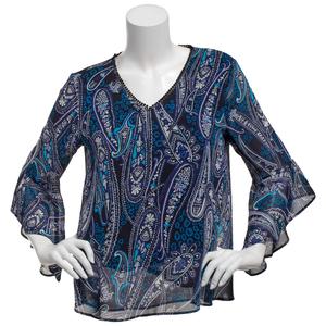 Petite Kasper 3/4 Ruffle Sleeve V-Neck Paisley Blouse