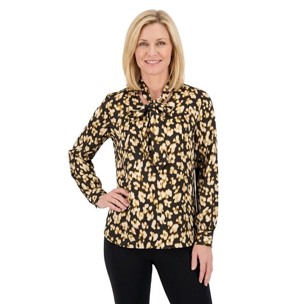 Plus Size Kasper Long Sleeve Tie Neck Blurred Floral Satin Blouse alternate view