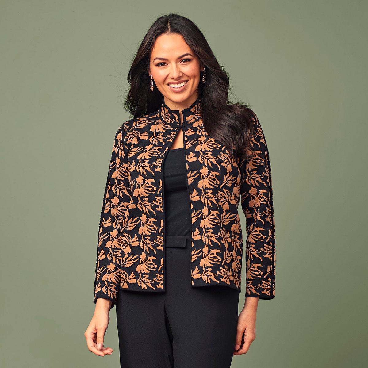 Kasper Women's Plus Size Kissing Front Cardigan Jacquard Floral Mock Neck - Black/dark Camel