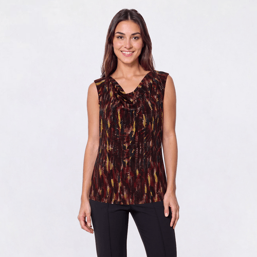 Kasper Women's Cap Sleeve Cowl Neck Jersey Knit Printed Top - Sepia Spice Multi