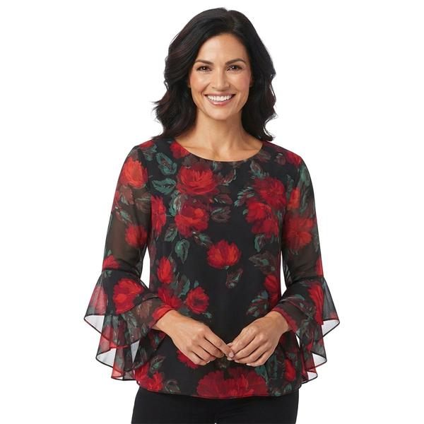 Womens Kasper 3/4 Ruffle Sleeve Blurred Floral Blouse