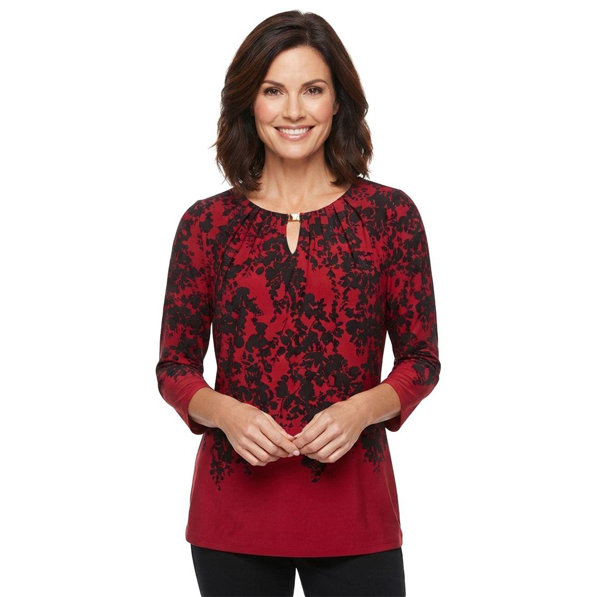 Kasper Women's 3/4 Sleeve Stretch Jersey Keyhole Neck Floral Print Pleated Top - Fire Red Multi