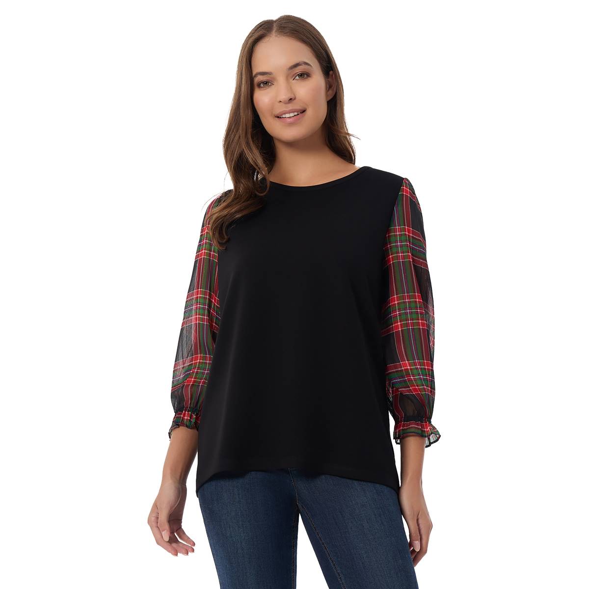 Womens Jones New York 3/4 Plaid Sleeve Solid High-Low Blouse