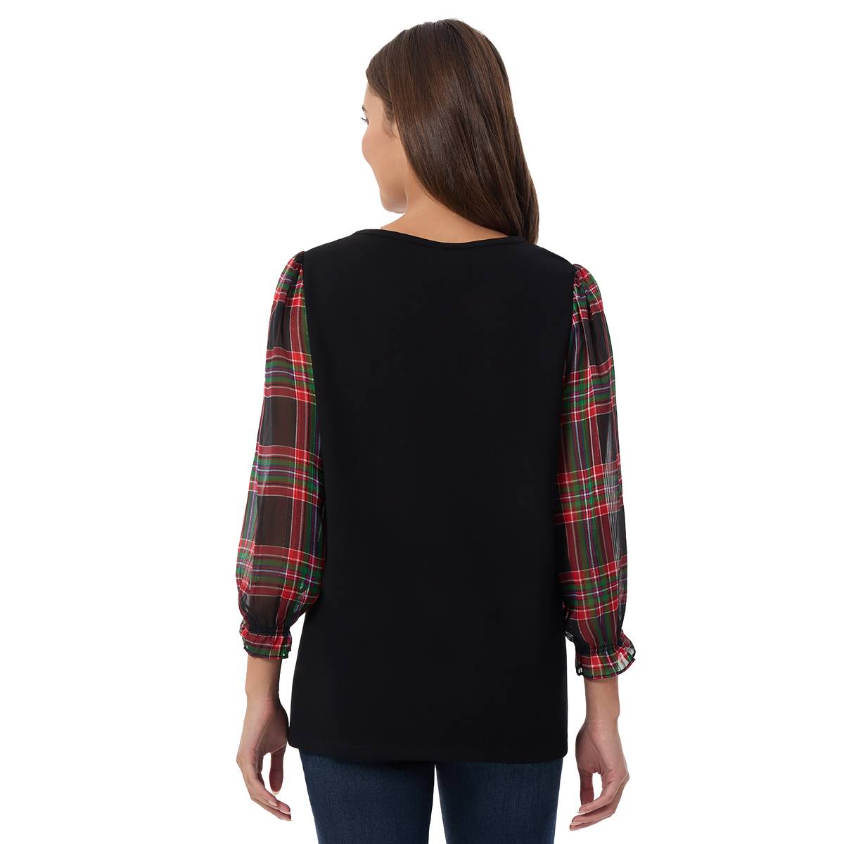 Womens Jones New York 3/4 Plaid Sleeve Solid High-Low Blouse