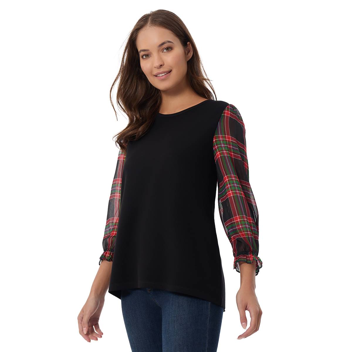 Womens Jones New York 3/4 Plaid Sleeve Solid High-Low Blouse