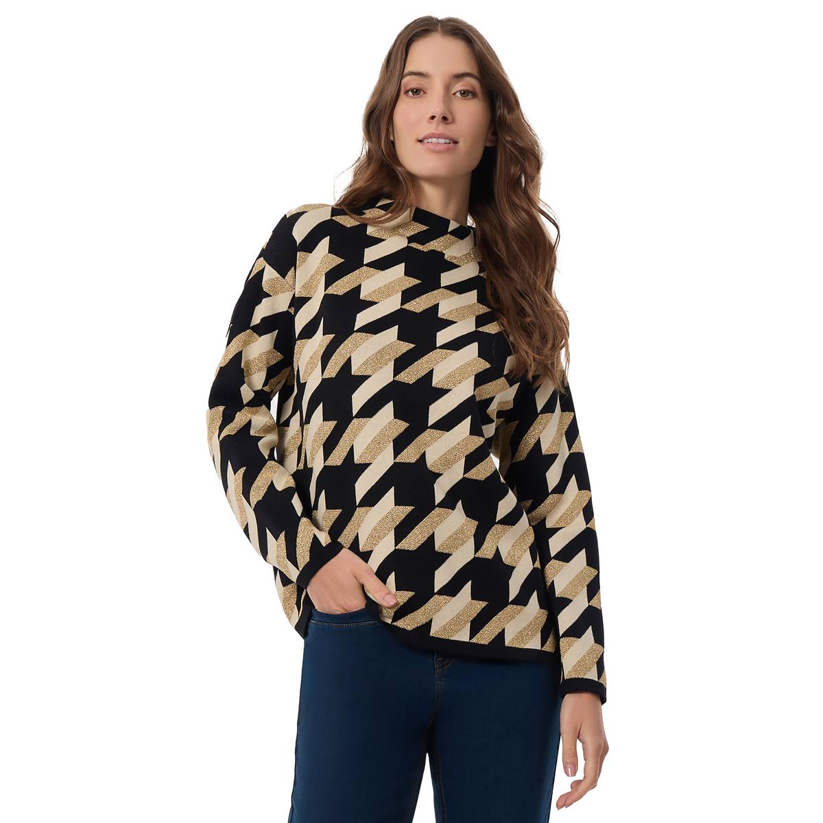 Womens Jones New York Long Sleeve Houndstooth Lurex Sweater