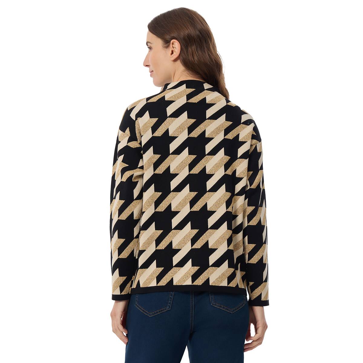 Womens Jones New York Long Sleeve Houndstooth Lurex Sweater