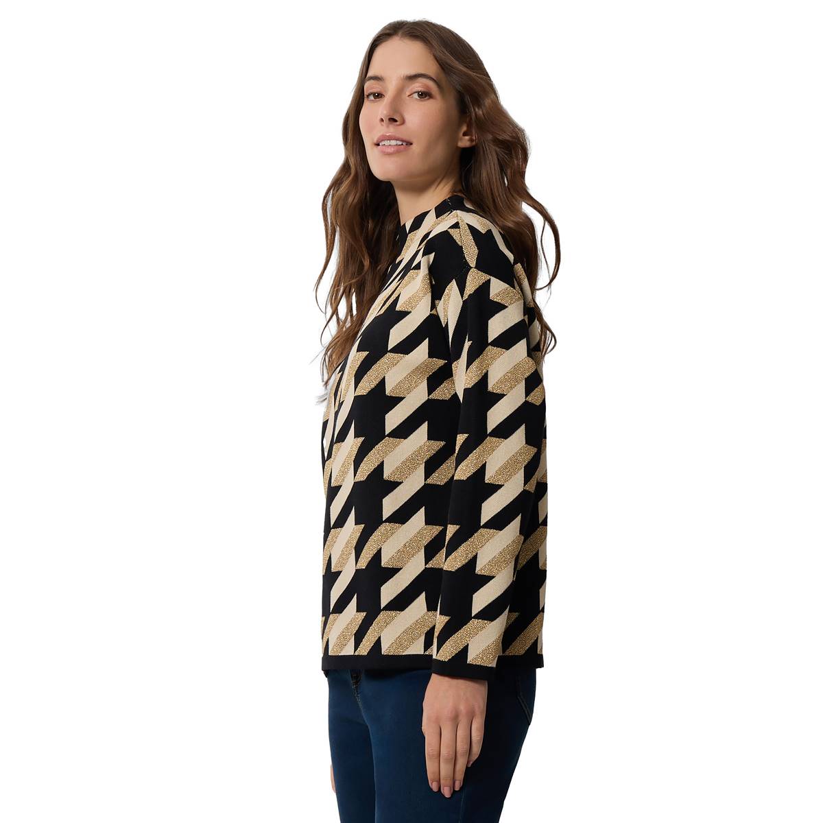 Womens Jones New York Long Sleeve Houndstooth Lurex Sweater