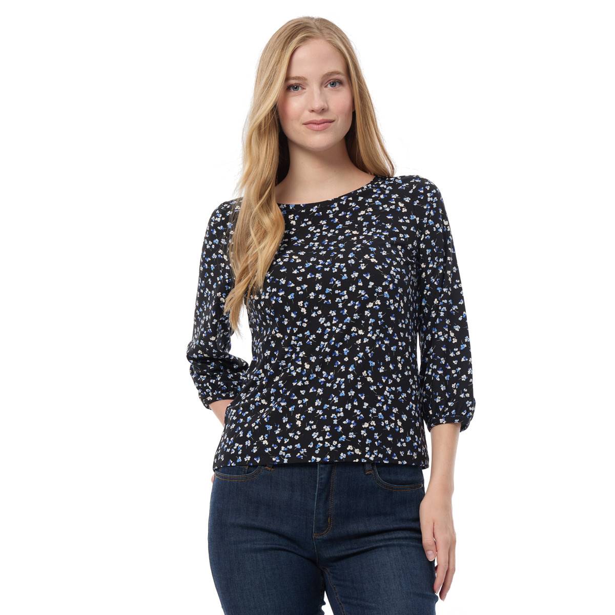 Womens Jones New York 3/4 Puff Sleeve Ditsy Floral Tee