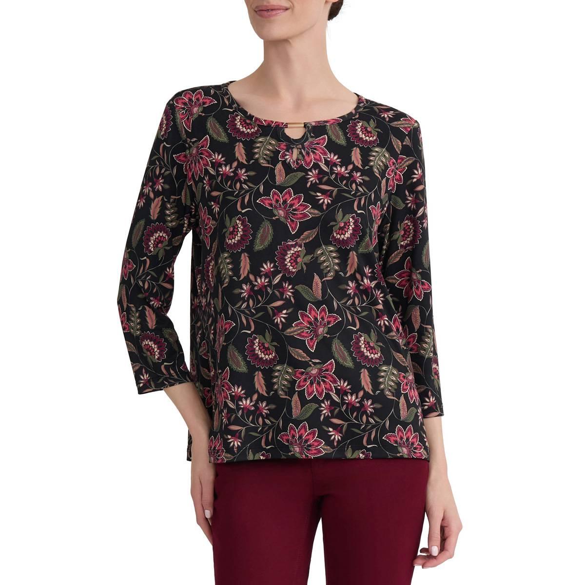 Jones New York Petite Keyhole 3/4-Sleeve Floral-Print Knit Blouse - Black Multi