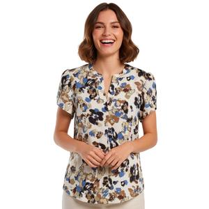 Womens AK Anne Klein Tulip Sleeve Split Neck Blur Abstract Blouse