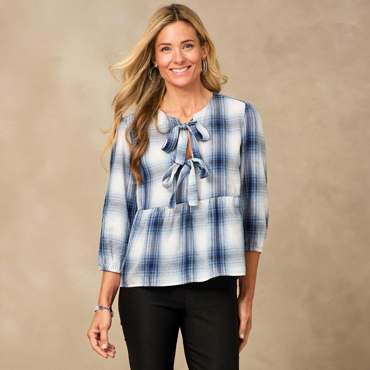 Plus Size Preswick & Moore(R) Plaid Tie Front Peplum Blouse