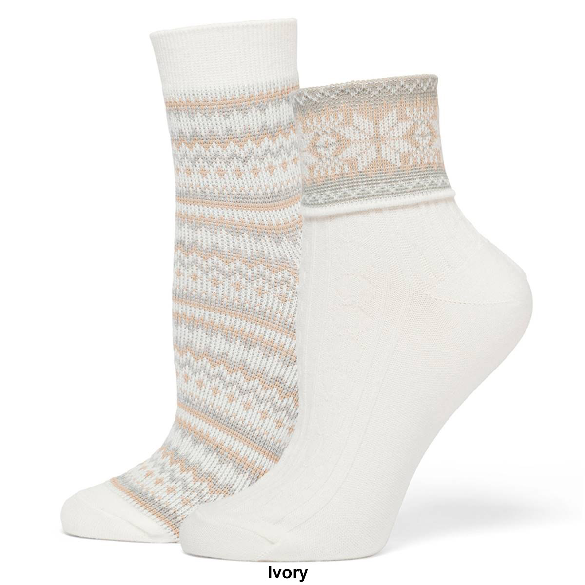 Womens HUE 2pk. Fair Isle Turn Cuff & Crew Socks