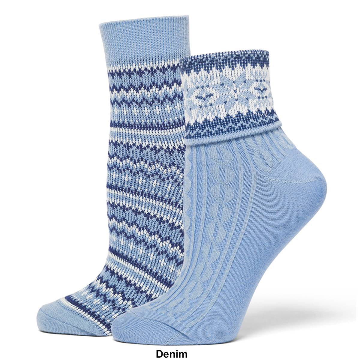 Womens HUE 2pk. Fair Isle Turn Cuff & Crew Socks