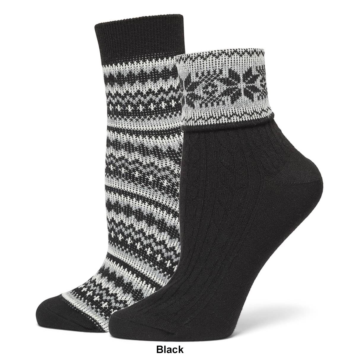 Womens HUE 2pk. Fair Isle Turn Cuff & Crew Socks