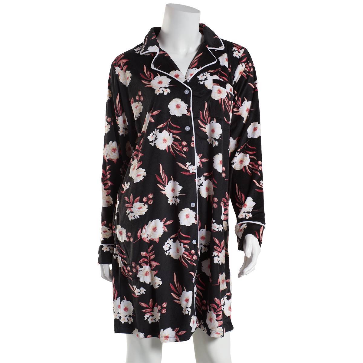 Womens Jones New York Long Sleeve Floral Notch Collar Nightshirt
