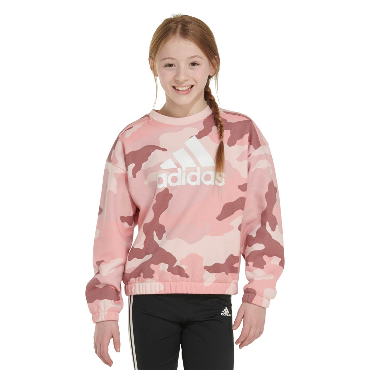 Girls (7-16) Adidas(R) Crew Neck Camo Drop Shoulder Sweatshirt