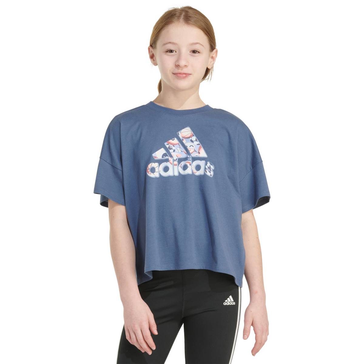 Girls (7-16) Adidas(R) Short Sleeve Boxy Tee W/ Sport Emojis Logo