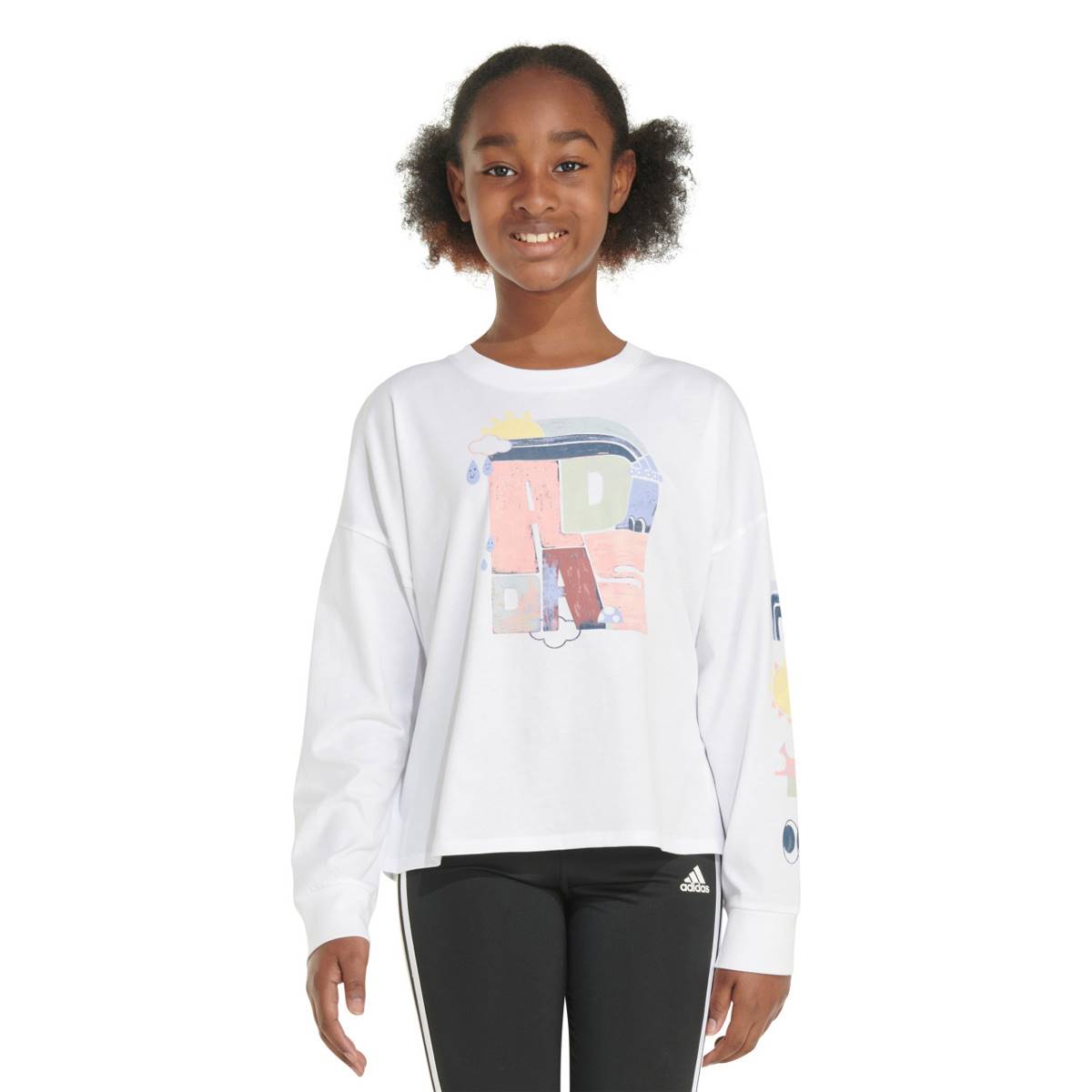 Girls (7-16) Adidas(R) Long Sleeve Nature Chalk Logo Waist Crew Tee