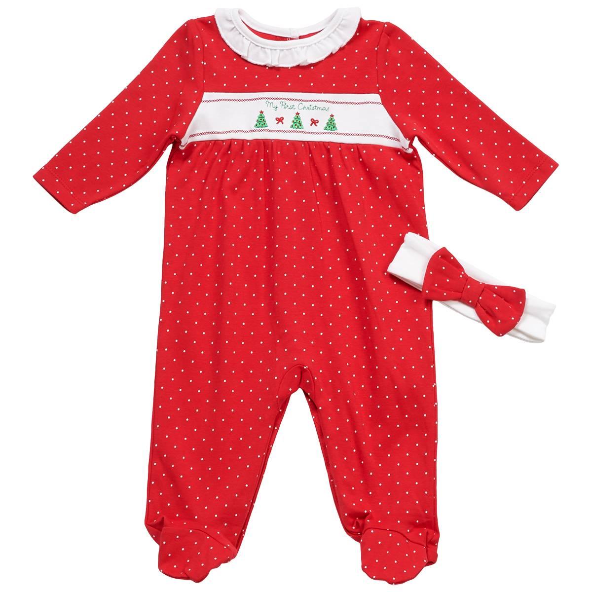 Little Me Baby Girls' Dainty Trees Printed Footed Coverallsand Headband, 2-Piece Set - Red